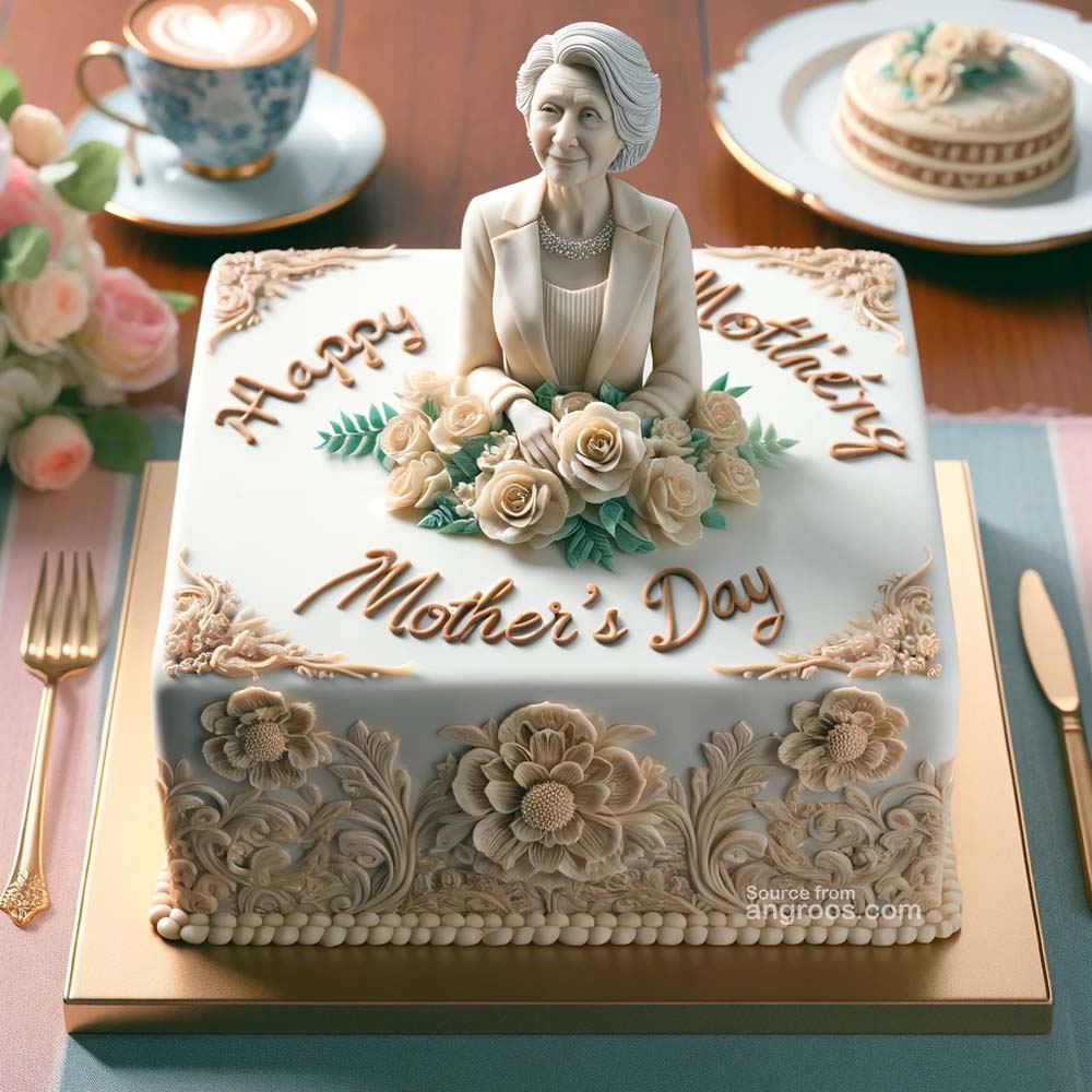 DALL┬╖E 2024 03 11 18.57.47 Create an ultra realistic square image for Mothers Day featuring a designer cake with Happy Mothers Day written on it. On top of the cake there s India's Favourite Online Gift Shop