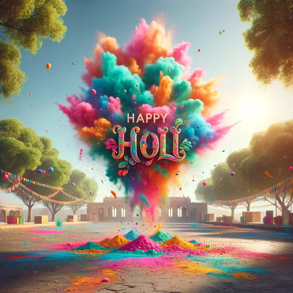 DALL┬╖E 2024 03 11 22.10.28 An ultra realistic image showcasing a beautiful Holi festival scene without people. The focus is on an array of Holi powder thrown in the air forming India's Favourite Online Gift Shop