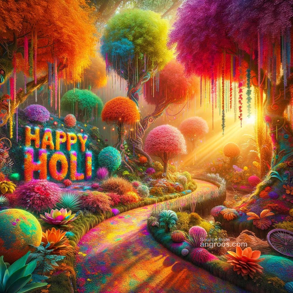DALL┬╖E 2024 03 11 22.11.21 An ultra realistic image showcasing a unique Holi theme featuring a whimsical garden where trees and plants are covered in vibrant Holi powders crea India's Favourite Online Gift Shop