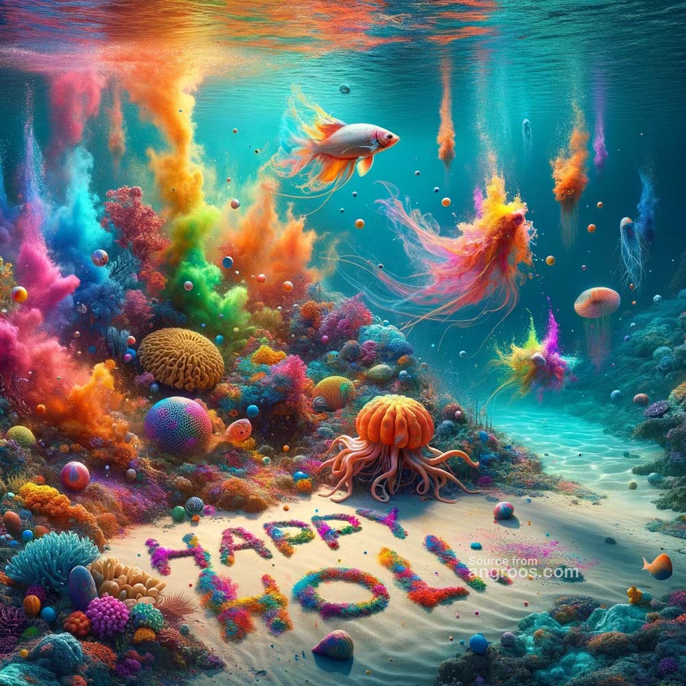 DALL┬╖E 2024 03 11 22.11.28 An ultra realistic image showcasing a unique Holi theme depicting a fantasy underwater scene where colorful Holi powders are floating and swirling in India's Favourite Online Gift Shop