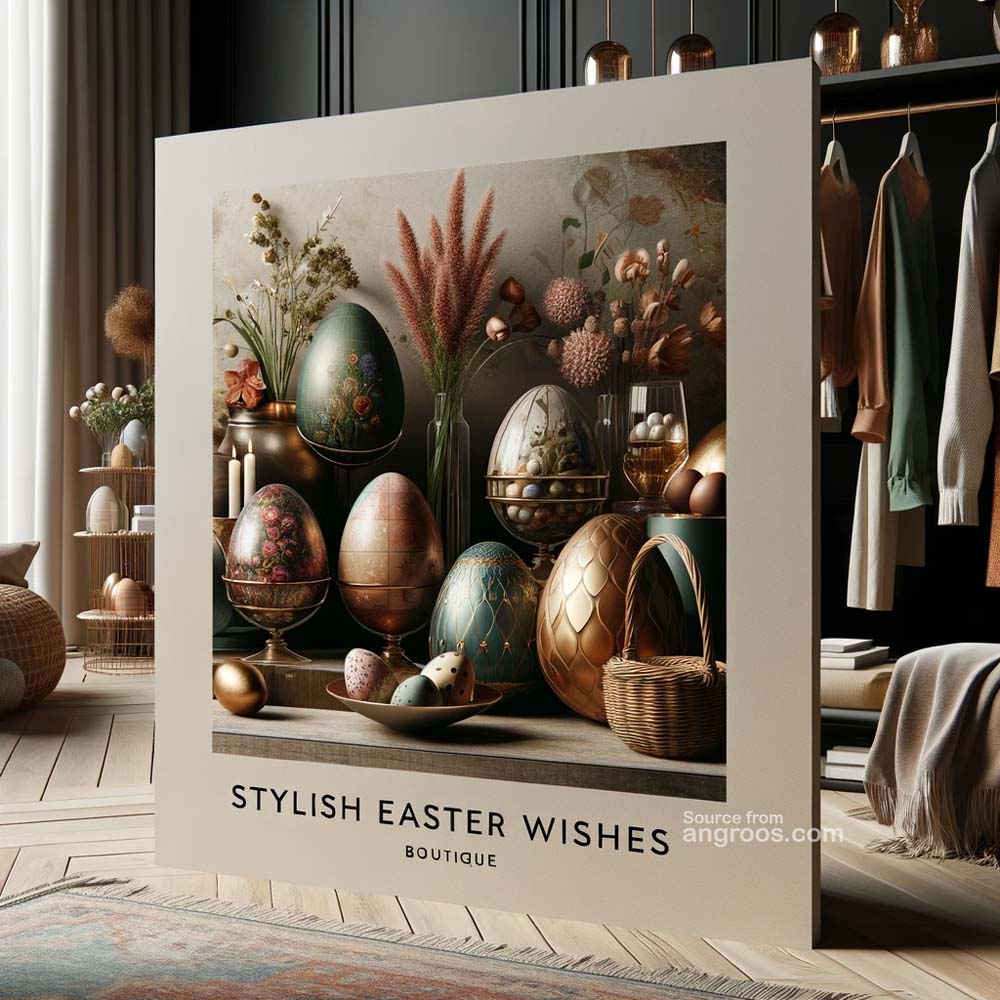 DALL┬╖E 2024 03 28 14.57.44 Design an ultra realistic image for an Easter greeting card tailored for a boutique setting. The card should showcase an artistic and fashionable East India's Favourite Online Gift Shop