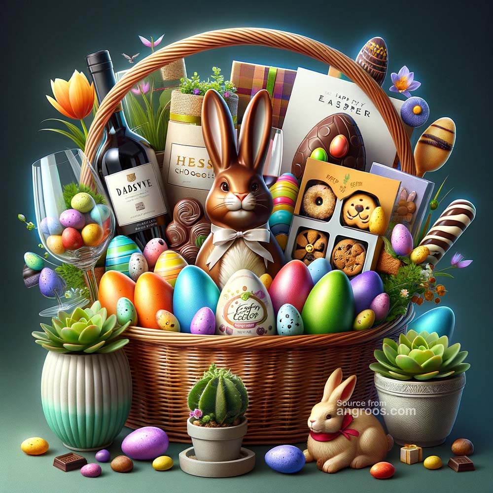 DALL┬╖E 2024 03 28 14.58.05 Create an ultra realistic image of an Easter gift hamper that includes a variety of items celebrating the holiday. The hamper should feature multicolo India's Favourite Online Gift Shop