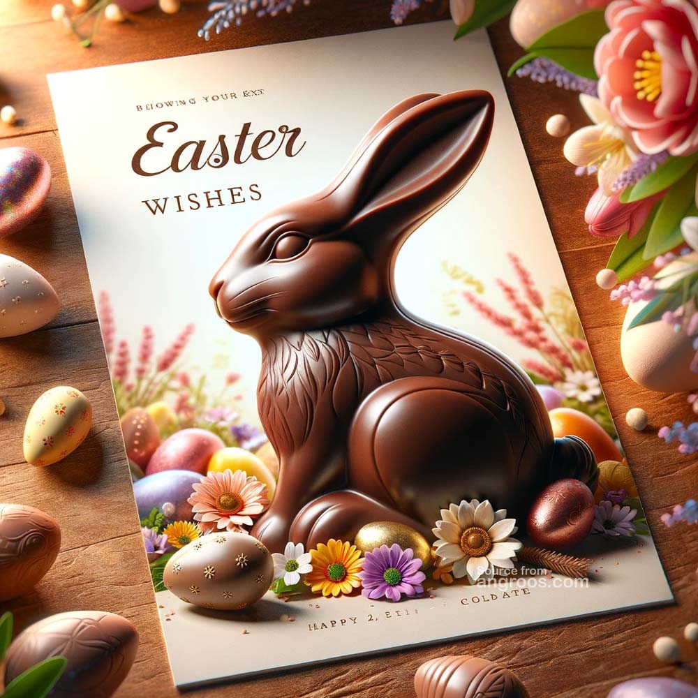 DALL┬╖E 2024 03 28 14.58.13 Create an ultra realistic image of an Easter greeting card featuring a rabbit shaped chocolate. The card should depict a beautifully crafted realisti India's Favourite Online Gift Shop