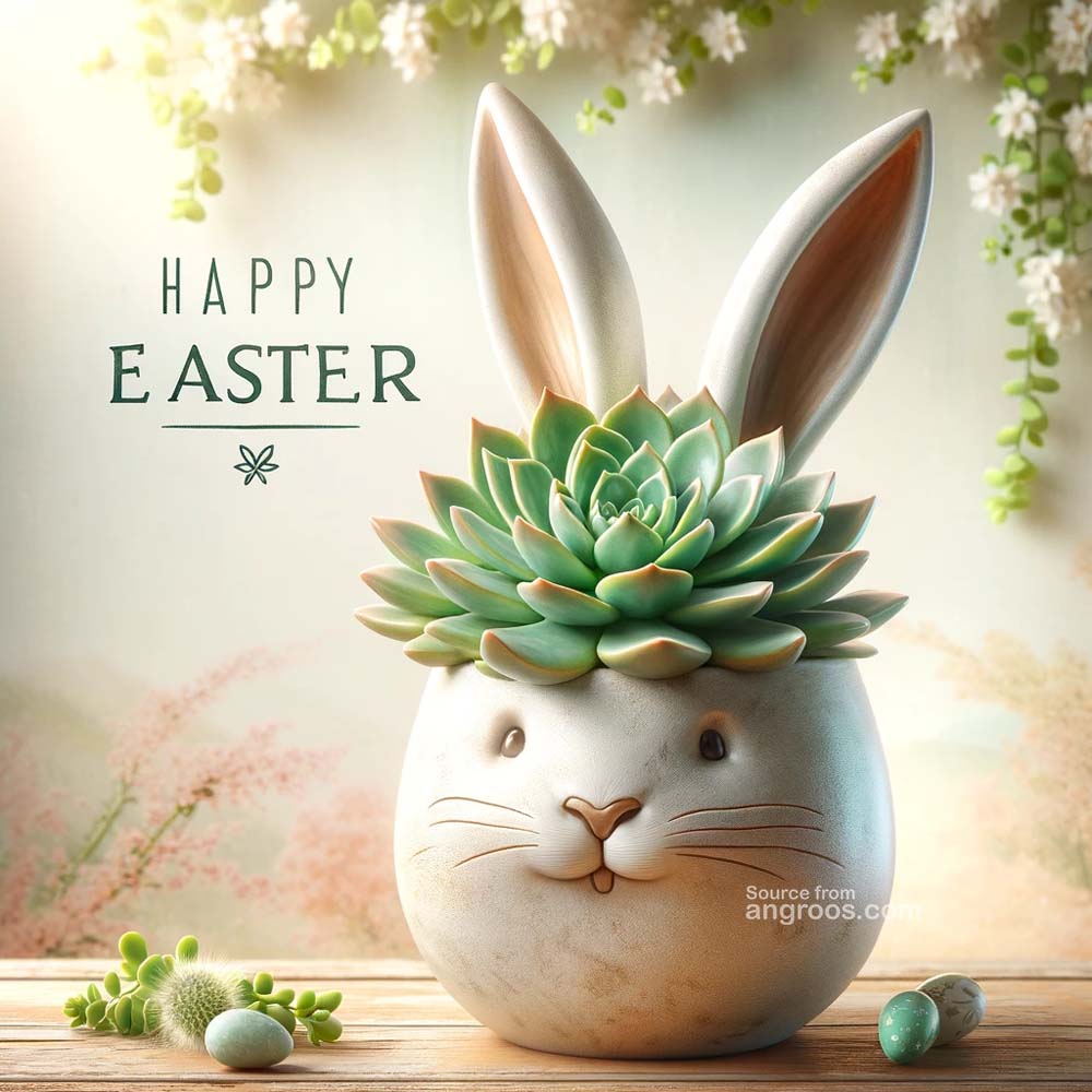 DALL┬╖E 2024 03 28 14.58.31 Create an ultra realistic image of an Easter greeting card featuring a ceramic pot in the shape of a rabbit containing a succulent plant with the te India's Favourite Online Gift Shop