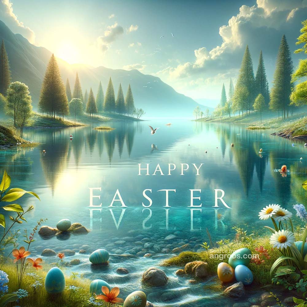 DALL┬╖E 2024 03 28 14.58.52 Create an ultra realistic image of an Easter greeting card featuring a water themed scene with the text Happy Easter. The card should depict a seren India's Favourite Online Gift Shop