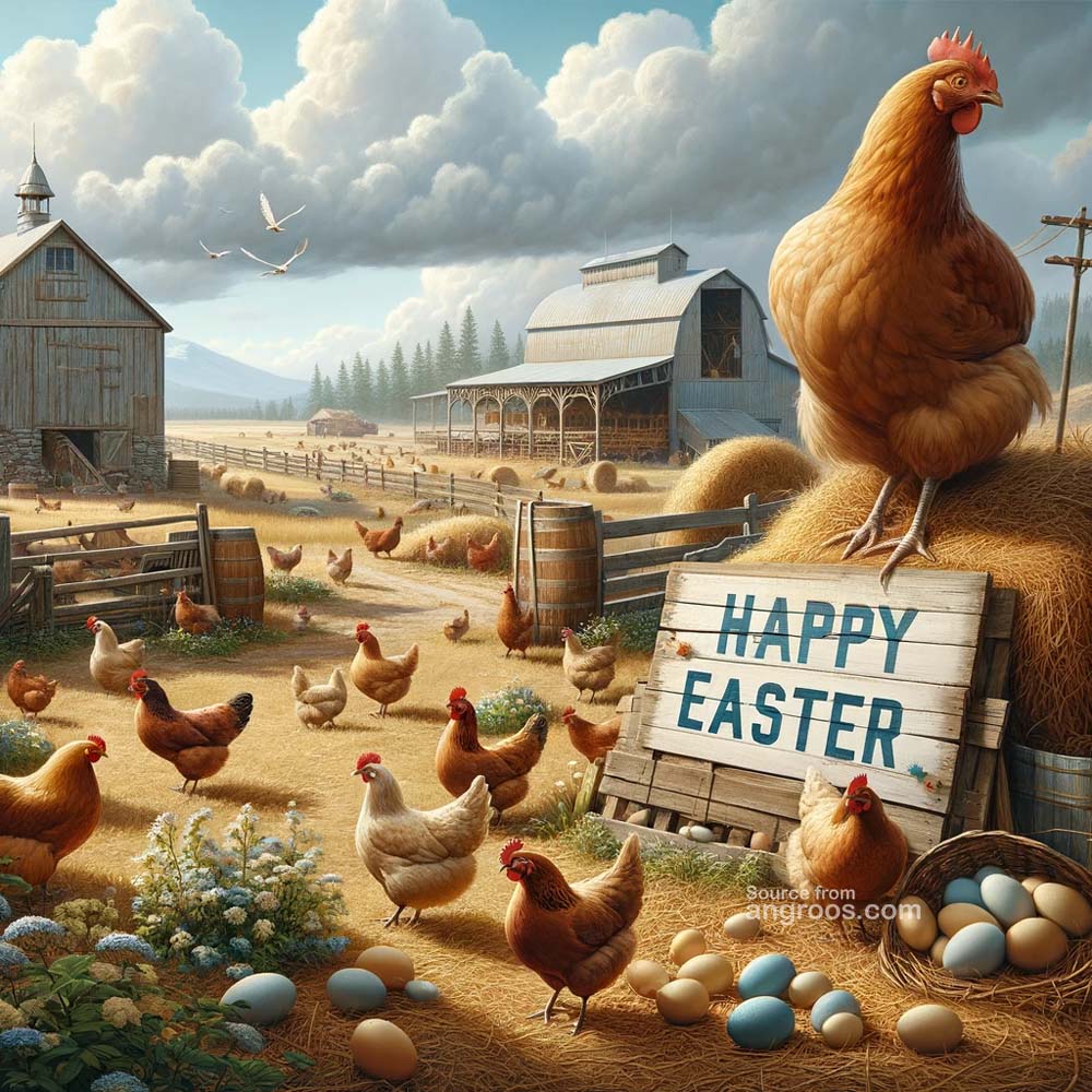 DALL┬╖E 2024 03 28 14.59.31 Create an ultra realistic image of an Easter greeting card featuring a hen farm scene with the text Happy Easter. The card should depict a rustic an India's Favourite Online Gift Shop