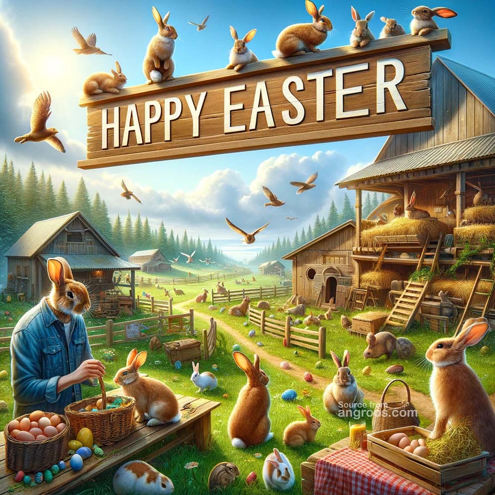 DALL┬╖E 2024 03 28 14.59.35 Create an ultra realistic image of an Easter greeting card featuring a rabbit farm scene with the text Happy Easter. The card should depict a lively India's Favourite Online Gift Shop