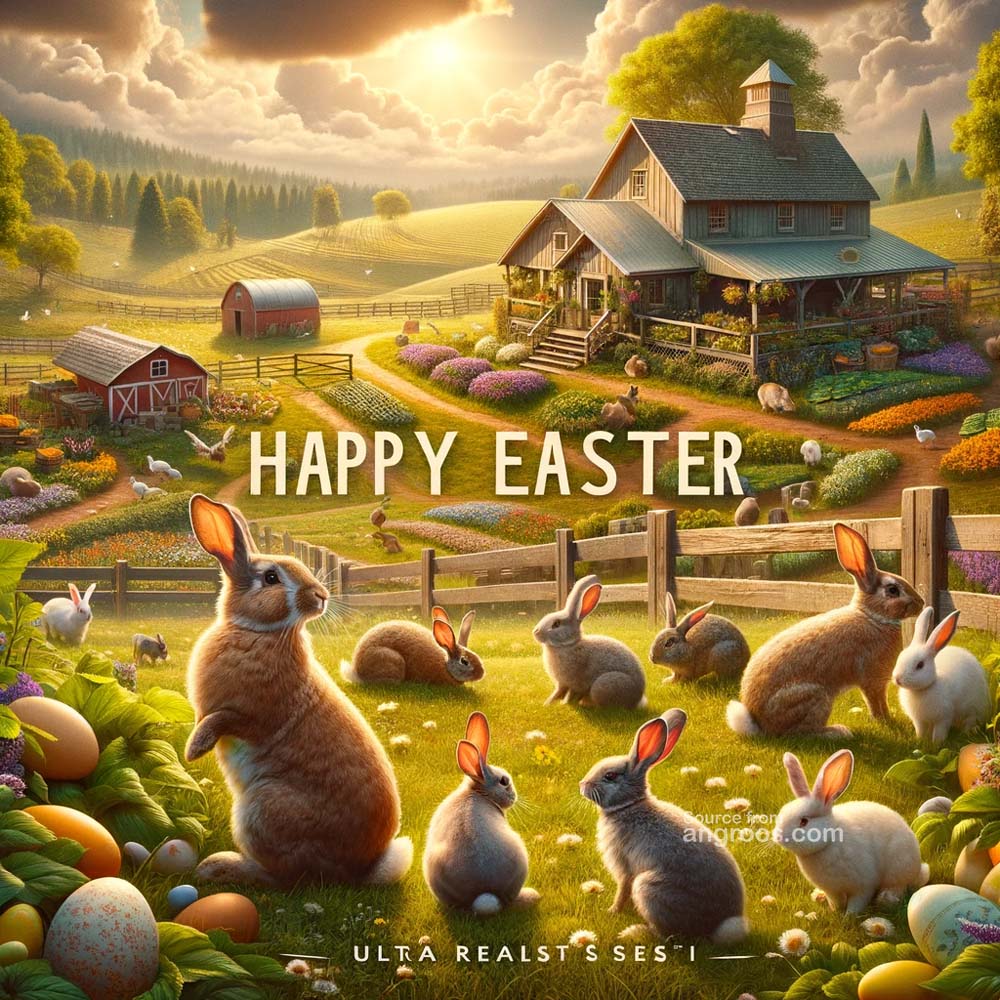 DALL┬╖E 2024 03 28 14.59.41 Generate an ultra realistic image of an Easter greeting card featuring a rabbit farm scene with the text Happy Easter. The card should showcase a vi India's Favourite Online Gift Shop