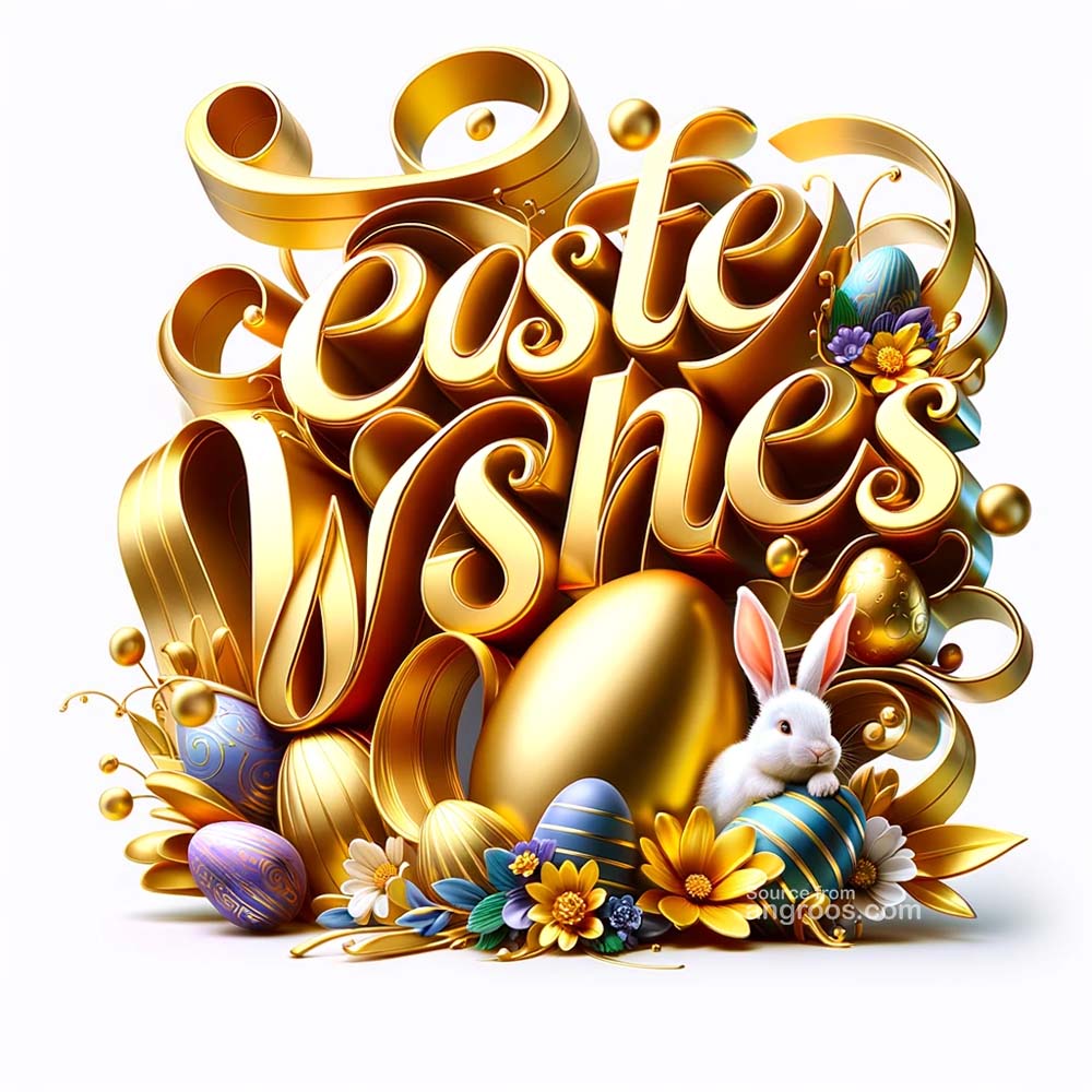 DALL┬╖E 2024 03 28 15.02.52 Create an ultra realistic image of an Easter greeting card featuring classy golden 3D text for Easter Wishes in a flowing running font surrounded India's Favourite Online Gift Shop