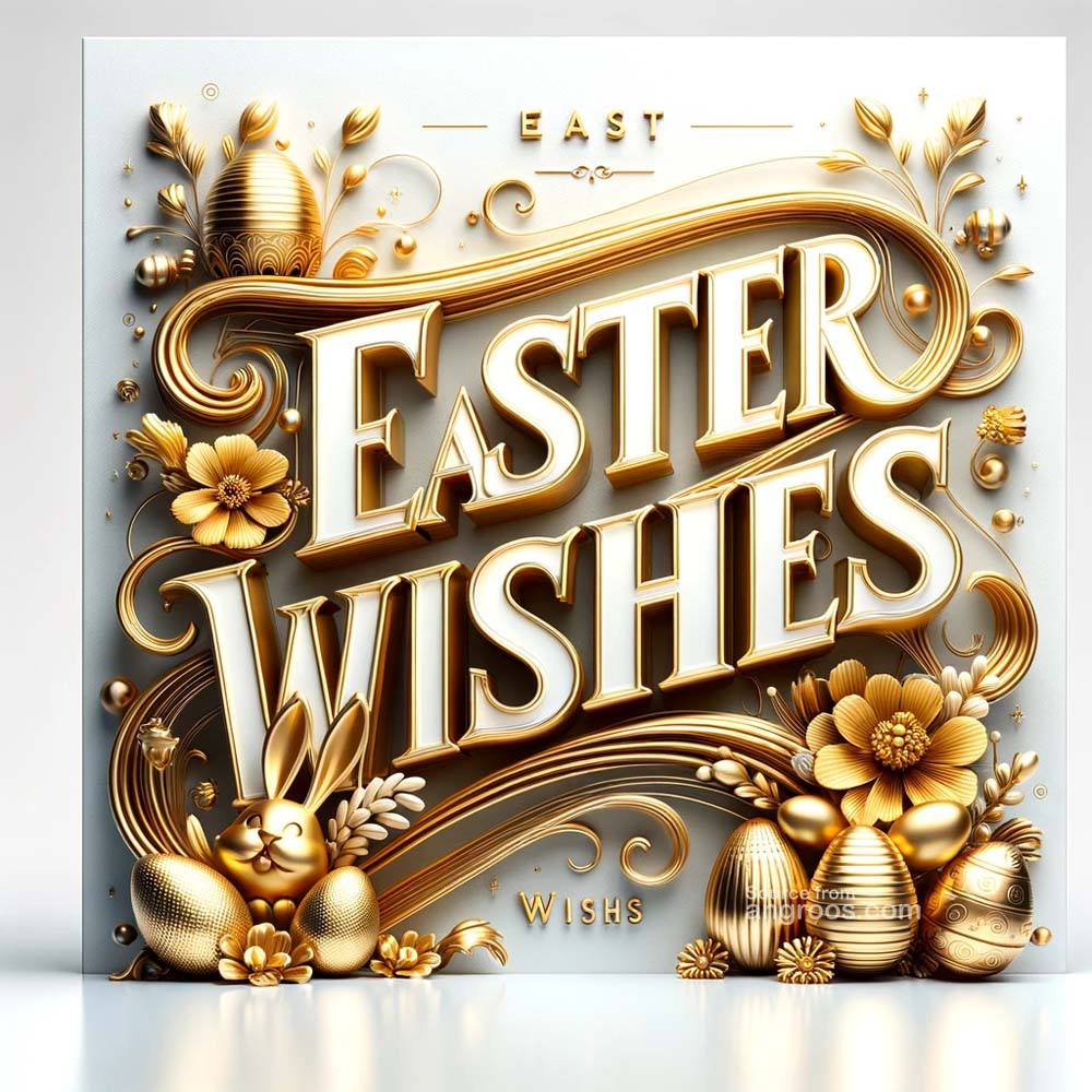 DALL┬╖E 2024 03 28 15.03.01 Create an ultra realistic image of an Easter greeting card featuring classy golden 3D text for Easter Wishes in a flowing running font with slight India's Favourite Online Gift Shop