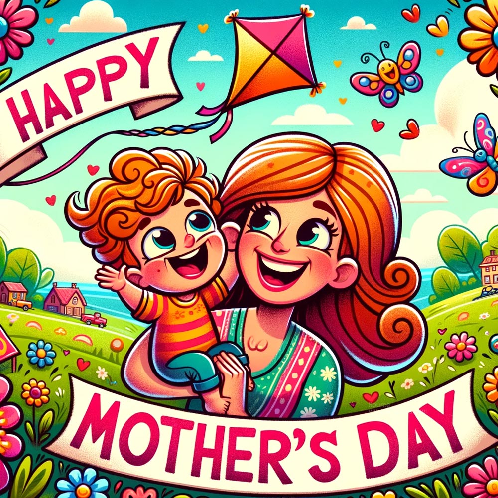 DALL┬╖E 2024 05 10 15.27.45 Create a cartoon style Mothers Day card that exudes charm and whimsy. The card should feature Happy Mothers Day in a playful cartoon font set ag India's Favourite Online Gift Shop