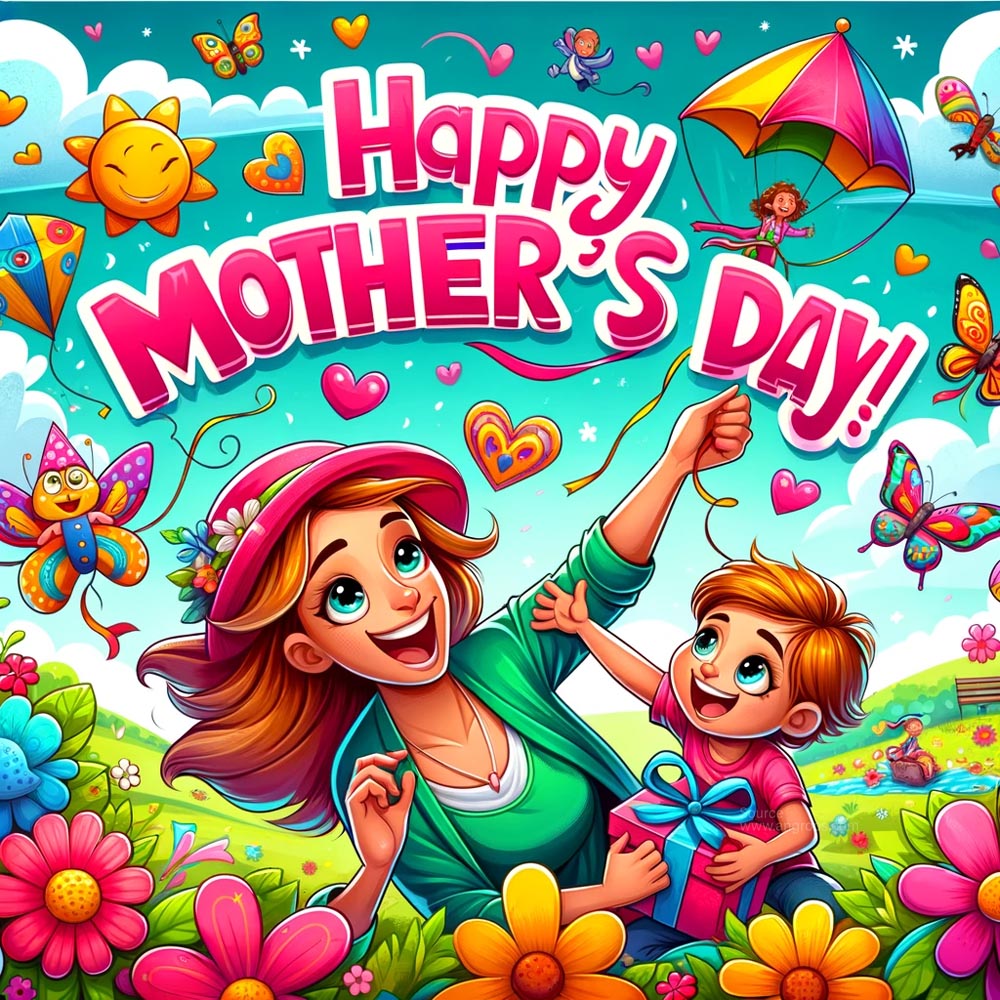 DALL┬╖E 2024 05 10 15.27.46 Create a cartoon style Mothers Day card that exudes charm and whimsy. The card should feature Happy Mothers Day in a playful cartoon font set ag India's Favourite Online Gift Shop