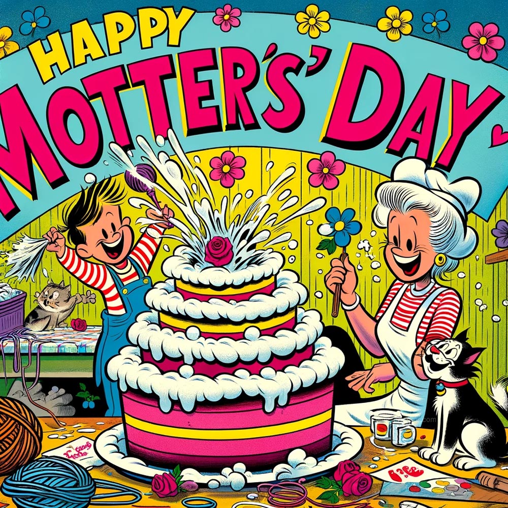 DALL┬╖E 2024 05 10 15.27.48 Create a cartoon style Mothers Day card that is both heartwarming and humorous. The card should feature Happy Mothers Day in a bold colorful cart India's Favourite Online Gift Shop