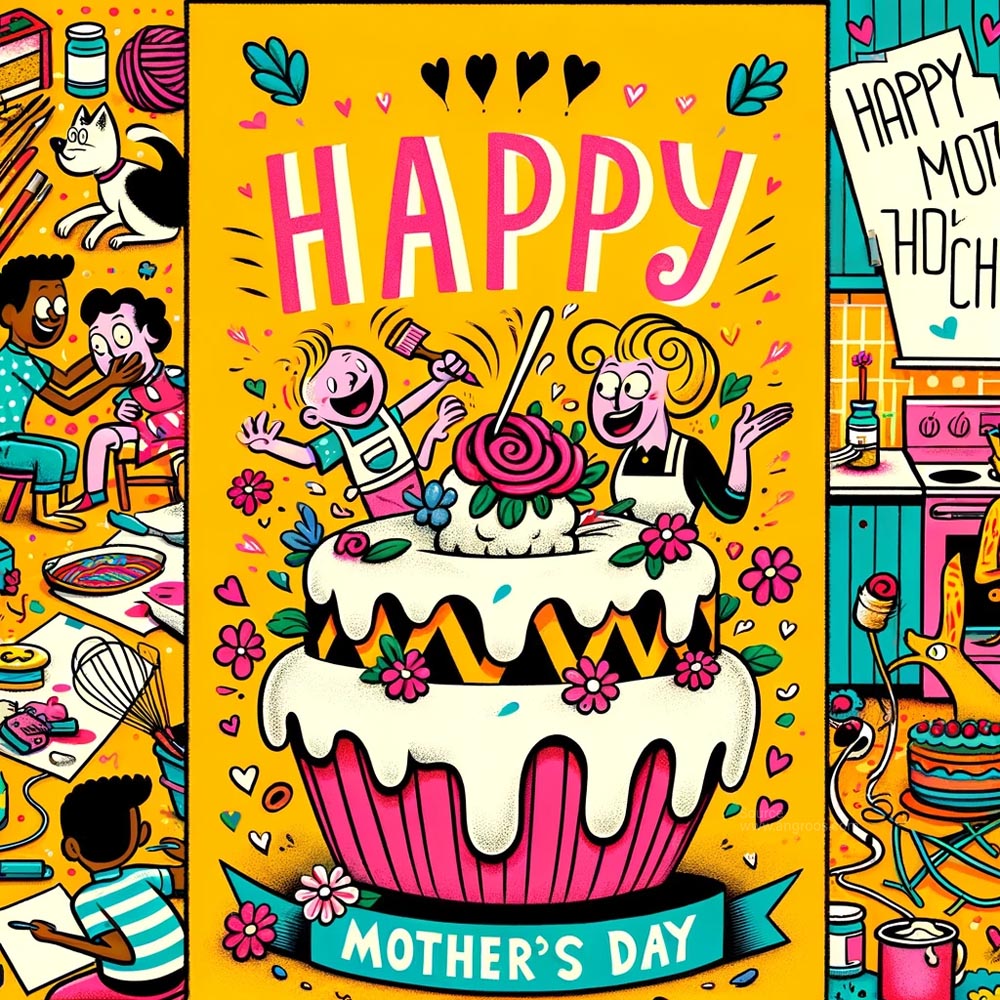 DALL┬╖E 2024 05 10 15.27.49 Create a cartoon style Mothers Day card that is both heartwarming and humorous. The card should feature Happy Mothers Day in a bold colorful cart India's Favourite Online Gift Shop