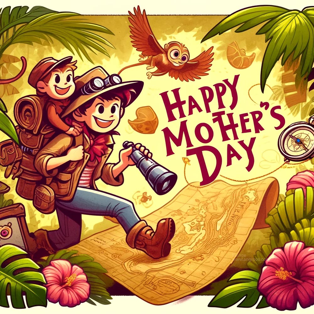 DALL┬╖E 2024 05 10 15.27.52 Design a cartoon style Mothers Day card that combines elements of adventure and exploration. The card should feature Happy Mothers Day in an adven India's Favourite Online Gift Shop