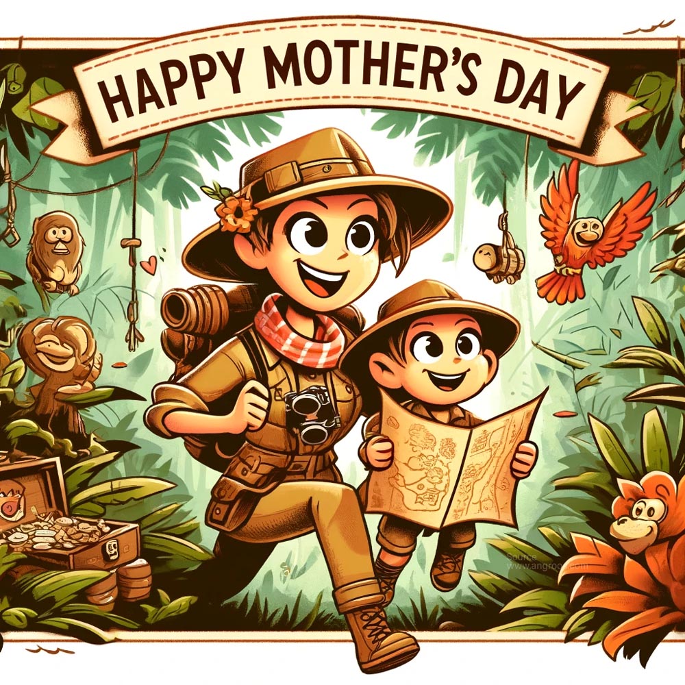 DALL┬╖E 2024 05 10 15.27.53 Design a cartoon style Mothers Day card that combines elements of adventure and exploration. The card should feature Happy Mothers Day in an adven India's Favourite Online Gift Shop