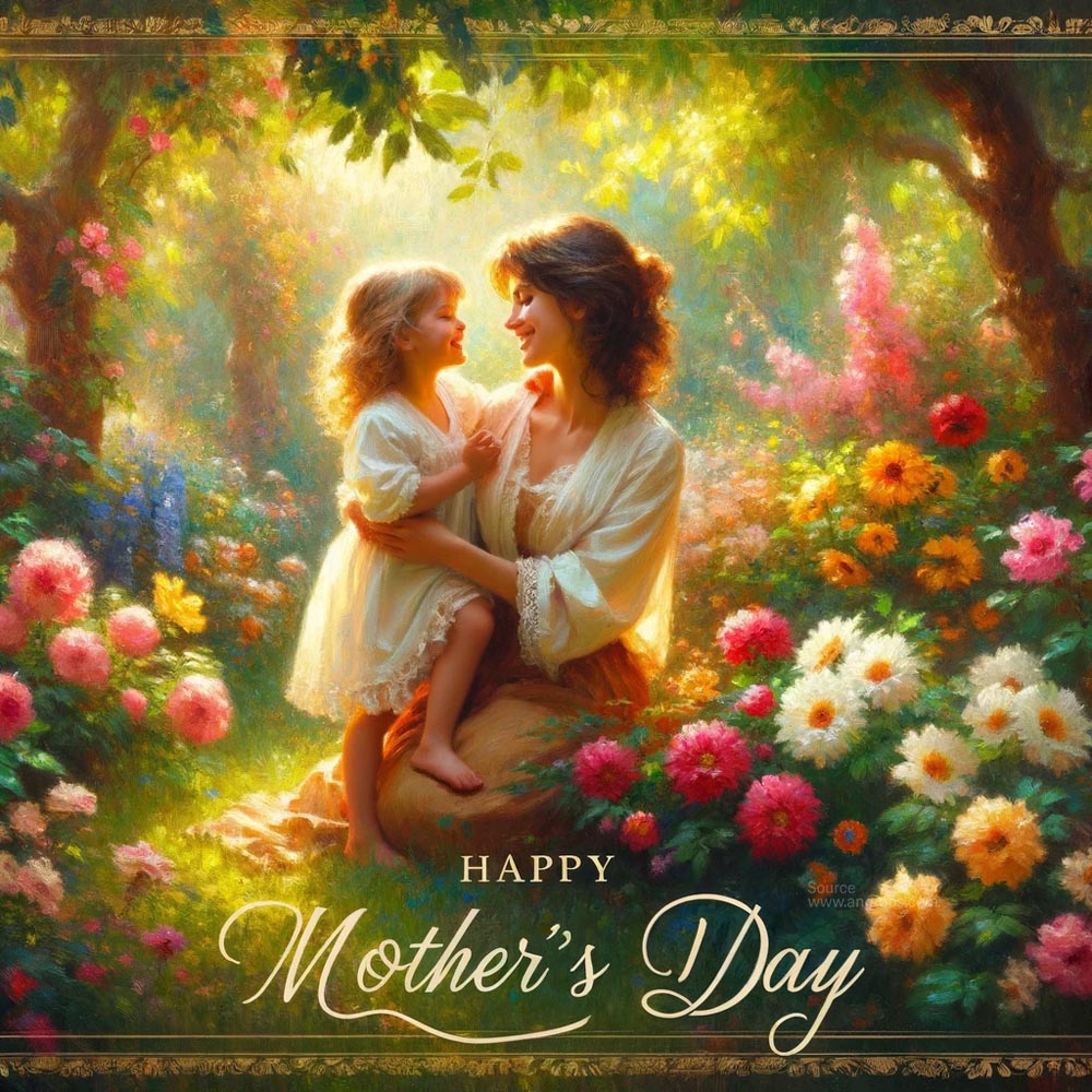 DALL┬╖E 2024 05 10 15.28.04 Create an oil painting style image for Mothers Day featuring a mother and daughter in a lush garden setting. The painting should capture the timeless India's Favourite Online Gift Shop