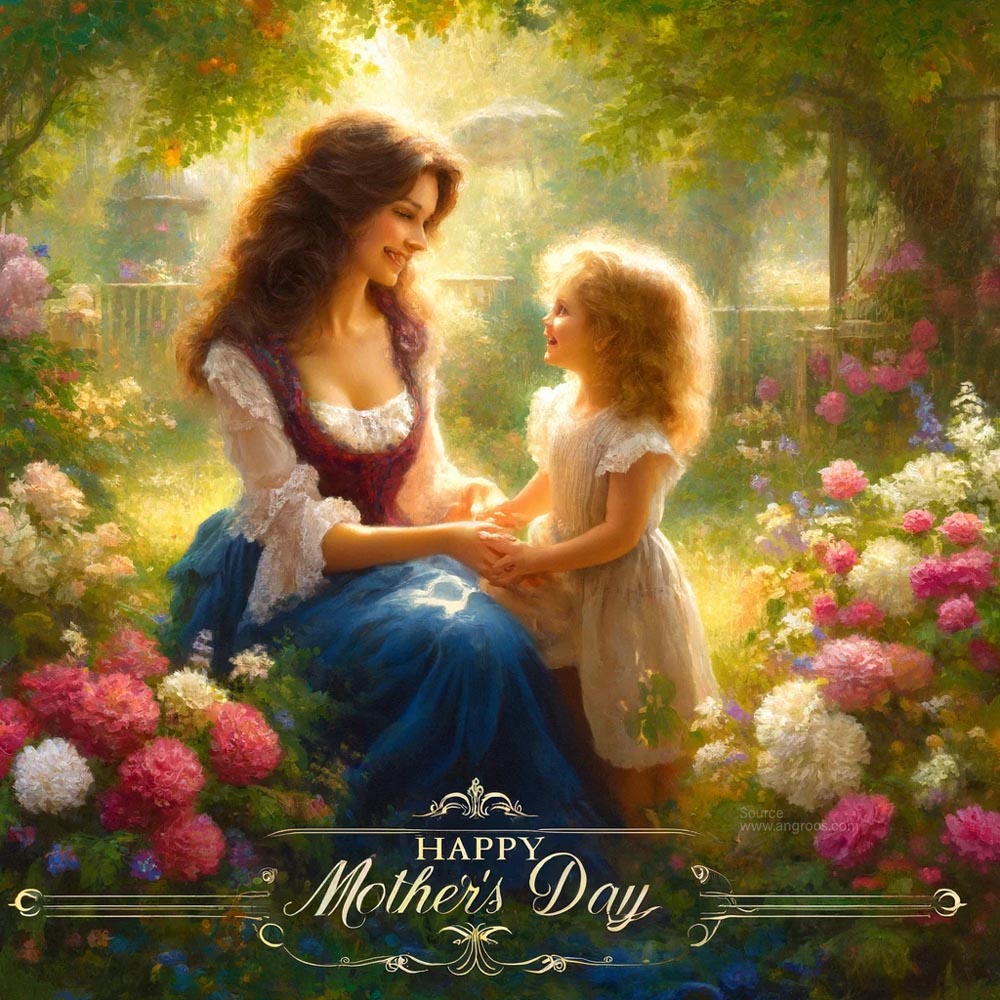 DALL┬╖E 2024 05 10 15.28.06 Create an oil painting style image for Mothers Day featuring a mother and daughter in a lush garden setting. The painting should capture the timeless India's Favourite Online Gift Shop