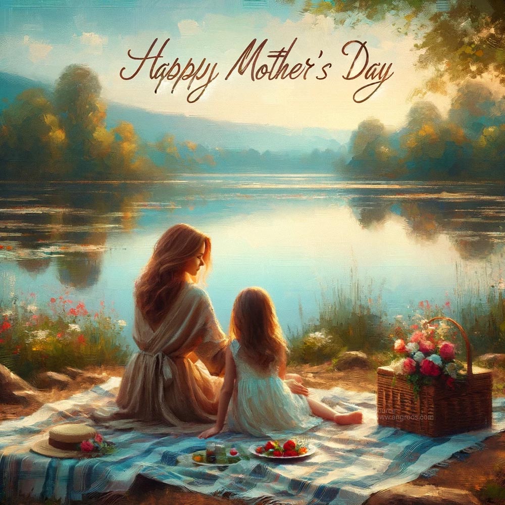 DALL┬╖E 2024 05 10 15.28.08 Create an oil painting style image for Mothers Day portraying a mother and daughter enjoying a serene moment by a lake. The painting should have the India's Favourite Online Gift Shop