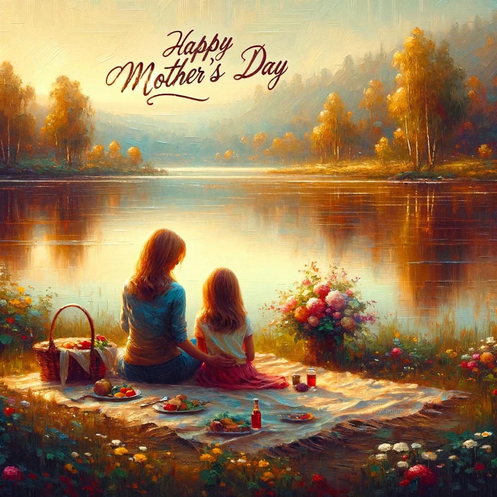 DALL┬╖E 2024 05 10 15.28.09 Create an oil painting style image for Mothers Day portraying a mother and daughter enjoying a serene moment by a lake. The painting should have the India's Favourite Online Gift Shop