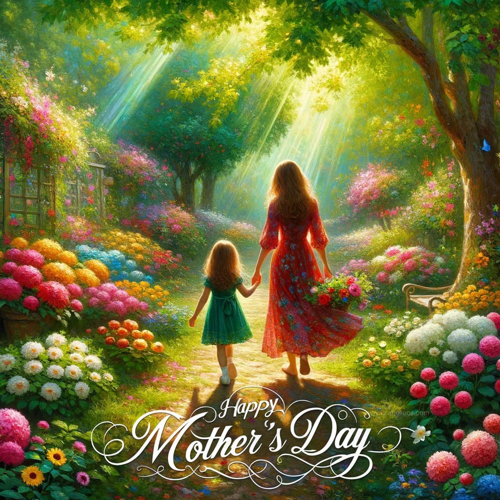 DALL┬╖E 2024 05 10 15.28.11 Create another oil painting style image for Mothers Day showcasing a mother and daughter in a vibrant floral garden. The painting should emphasize t India's Favourite Online Gift Shop