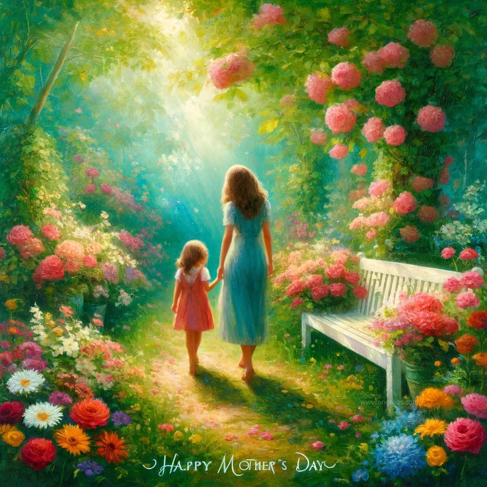 DALL┬╖E 2024 05 10 15.28.12 Create another oil painting style image for Mothers Day showcasing a mother and daughter in a vibrant floral garden. The painting should emphasize t India's Favourite Online Gift Shop