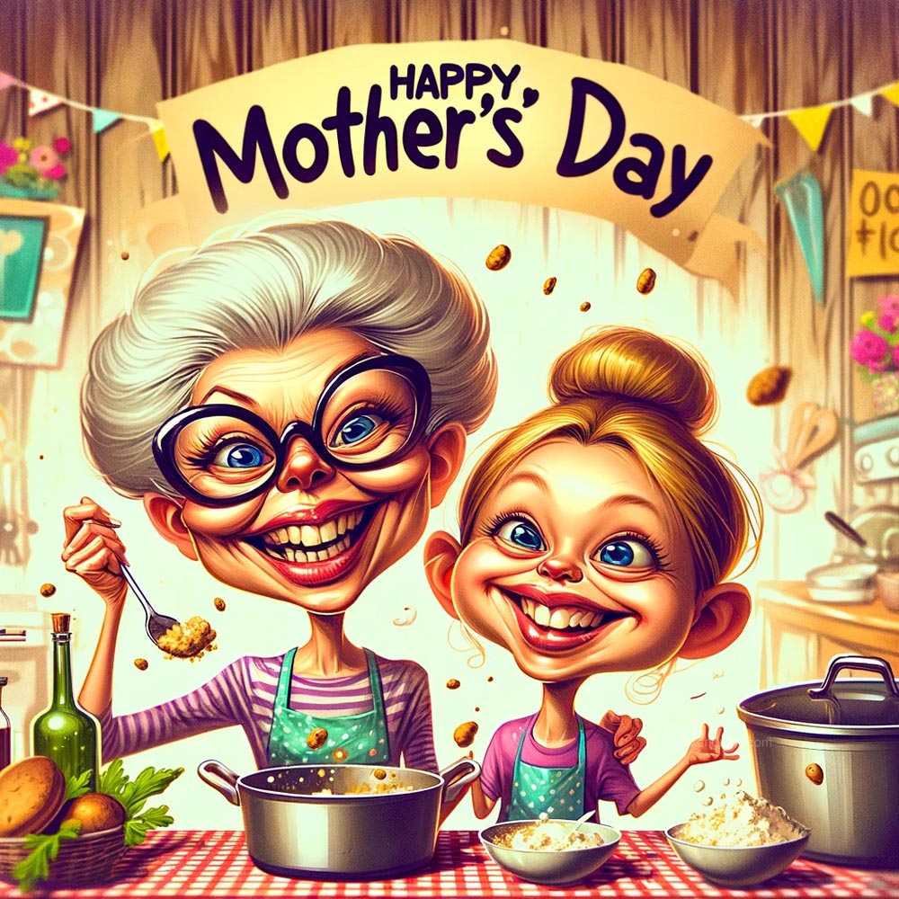 DALL┬╖E 2024 05 10 15.28.21 Create a caricature style image for Mothers Day featuring a mother and daughter in a fun exaggerated manner. The mother and daughter should be port India's Favourite Online Gift Shop