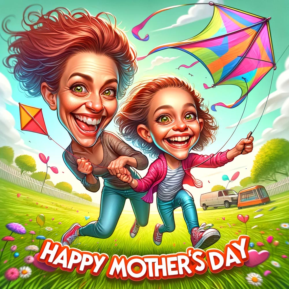 DALL┬╖E 2024 05 10 15.28.31 Create a caricature style image for Mothers Day showing a mother and daughter in a playful outdoor setting. They should be depicted with India's Favourite Online Gift Shop