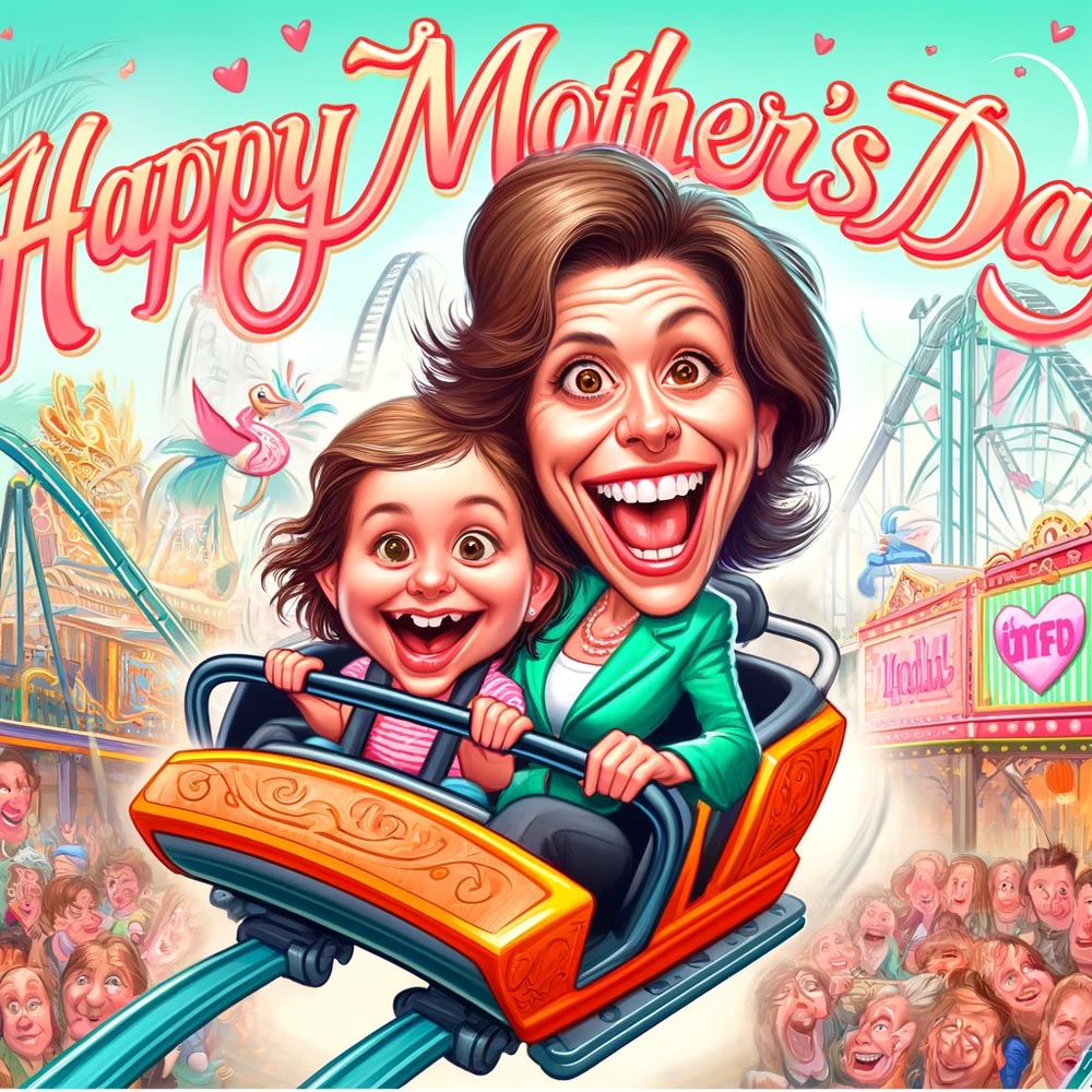 DALL┬╖E 2024 05 10 15.28.33 Design a caricature style image for Mothers Day featuring a mother and daughter at a theme park. They should be depicted with exaggerated humorous India's Favourite Online Gift Shop