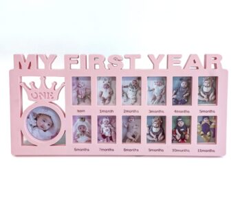 1st birthday photo frame for babies with12 arranged slots and photos (H 7.2 x W 0.5 x L 15 Inch) – Pink