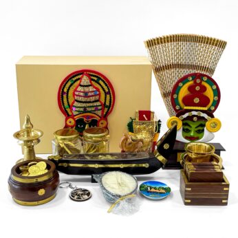 Kerala traditional gift hamper filled with Kathakali Stand, Nettipattam, and more Kerala gifts