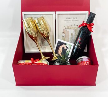Elegant Wedding Gift Set: Golden Wine Glasses, Book Photo Frame, Ferrero Rocher, Red Balloon, Scented Candle, Plant & Pot, Greeting Card – 5.1 inches Height