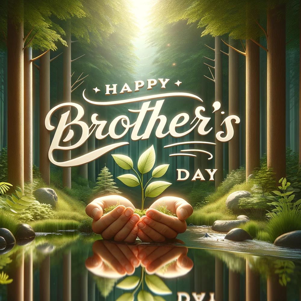 DALL E 2024 05 22 11.24.28 A serene and nature inspired Brothers Day greeting image featuring Happy Brothers Day in elegant 3D text with a reflection. The background is a t India's Favourite Online Gift Shop