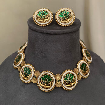 Traditional Green Stone Necklace Set with Earrings