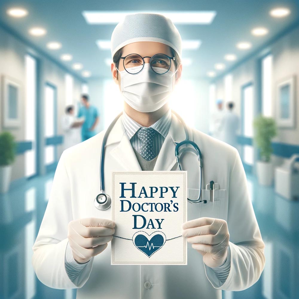 DALL E 2024 06 03 08.57.48 An ultra realistic square image for Doctors Day featuring a doctor in a white coat with a stethoscope holding a thank you card with a heart symbol India's Favourite Online Gift Shop