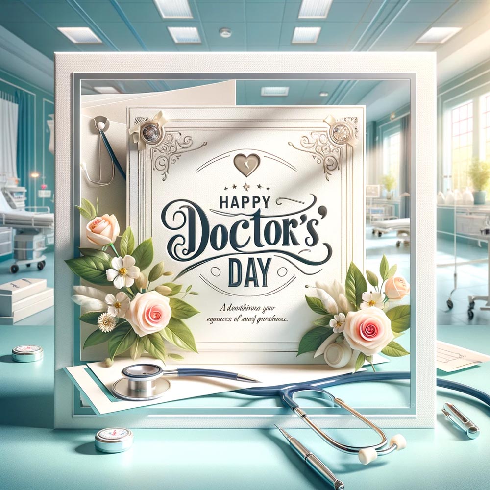 DALL E 2024 06 03 08.58.58 An ultra realistic square image for Doctors Day featuring an elegant card with the text Happy Doctors Day written inside. The card is open showi India's Favourite Online Gift Shop