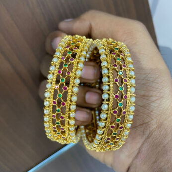 Traditional Gold Plated Bangles with Faux Rubies & Emeralds