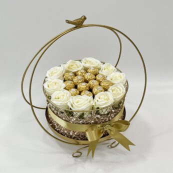 Golden Engagement Gift Hamper With Chocolate And Flower