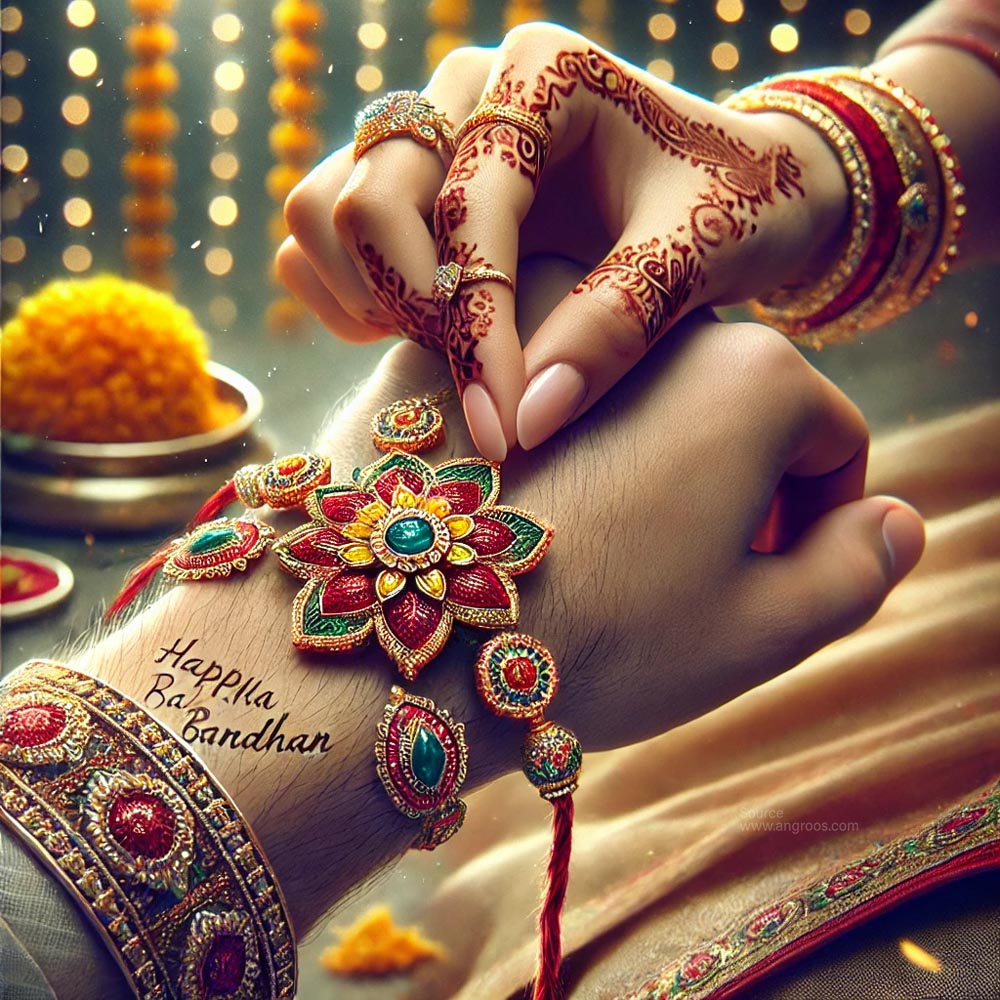 A close-up of a decorated hand tying a colorful, flower-shaped rakhi on another wrist with intricate henna designs. Text on the wrist reads "happy raksha bandhan wishes." Background shows festive decorations.