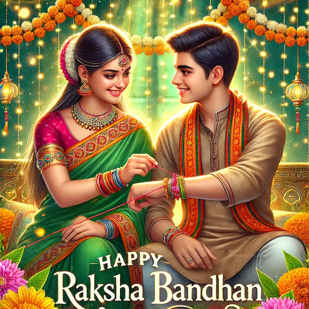 brother and sister sitting on the ground, joyfully celebrating Raksha Bandhan. The woman ties a colorful rakhi onto the man's wrist, surrounded by festive decorations. Text nearby reads 'happy Raksha Bandhan wishes'.