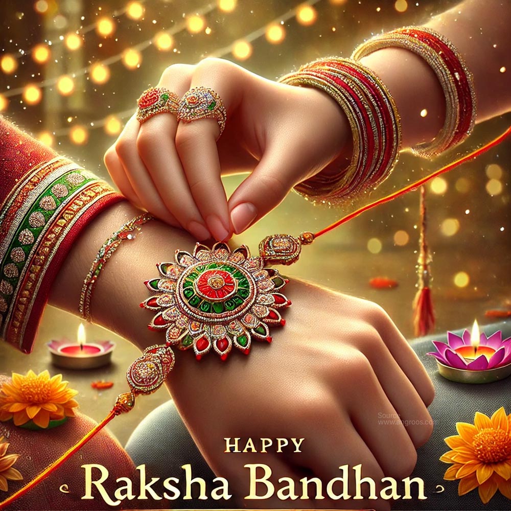 Colorful thread tied as rakhi with happy Raksha Bandhan wishes"