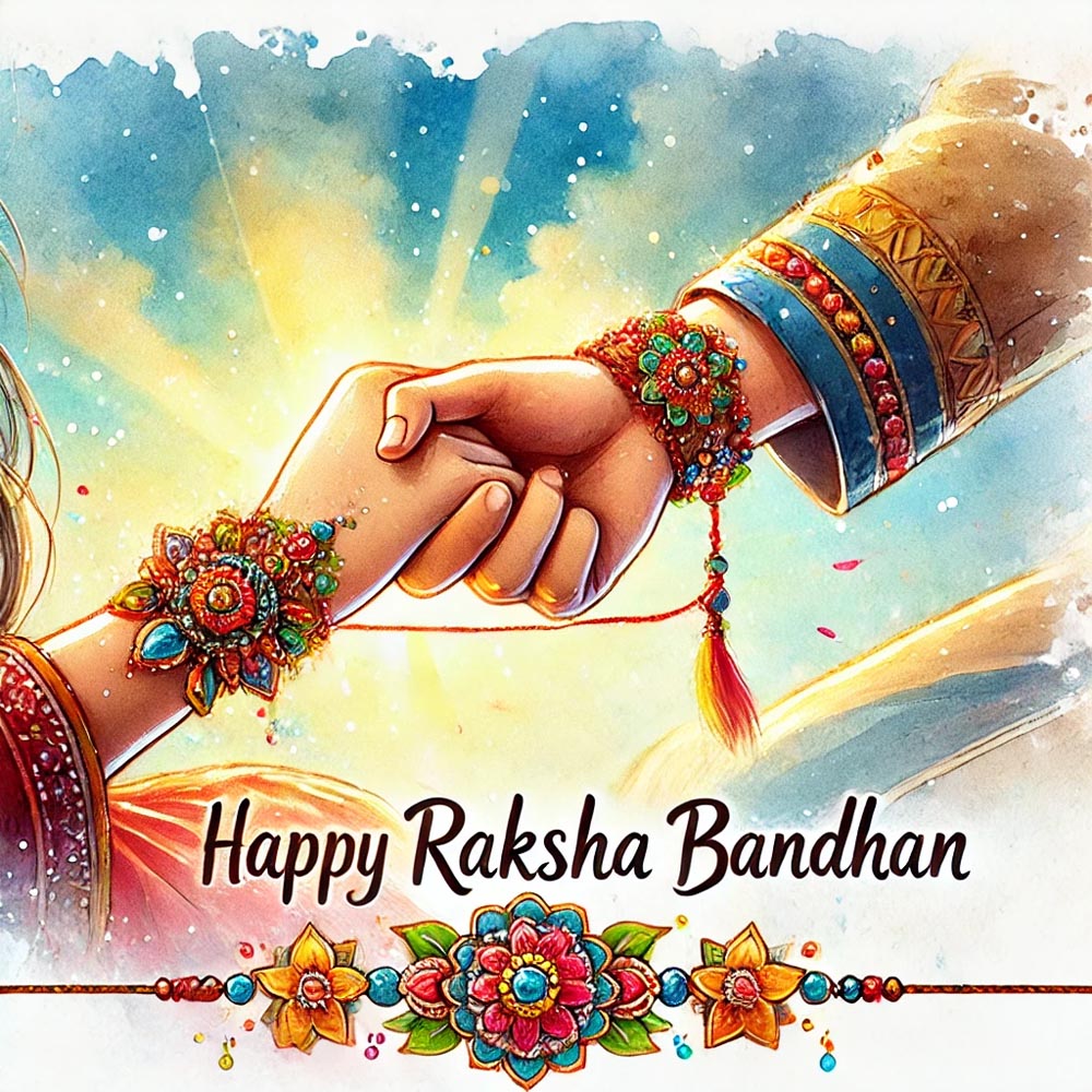 DALL┬╖E 2024 07 09 08.01.17 Watercolor style image of a Raksha Bandhan celebration with a background featuring a clear blue sky. The sister is tying a colorful intricate rakhi o India's Favourite Online Gift Shop