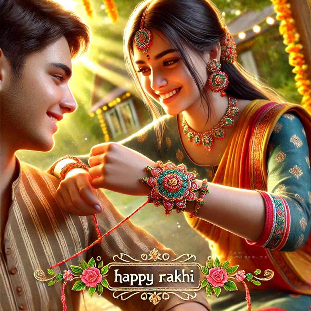 brother and sister sitting on the ground, joyfully celebrating Raksha Bandhan. The woman ties a colorful rakhi onto the man's wrist, surrounded by festive decorations. Text nearby reads 'happy Raksha Bandhan wishes'.