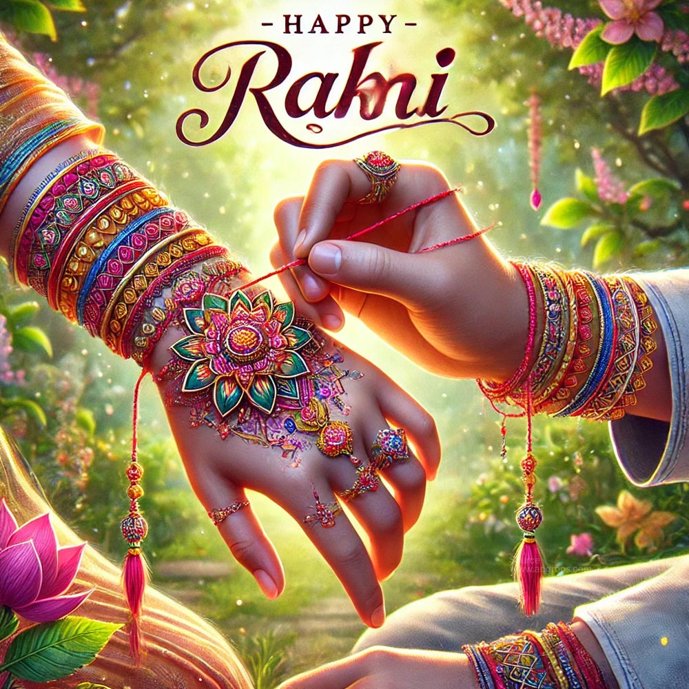 In the image, a hand adorned with vibrant bracelets and intricate henna designs is prominently featured. A colorful rakhi, shaped like a flower, is being tied onto the wrist with care, symbolizing the celebration of Raksha Bandhan. The wrist is elegantly decorated with the words "happy Raksha Bandhan wishes," written in a joyful and festive style. This image captures the essence of the festival, depicting the exchange of love and protection between siblings amidst cheerful decorations and traditional elements.