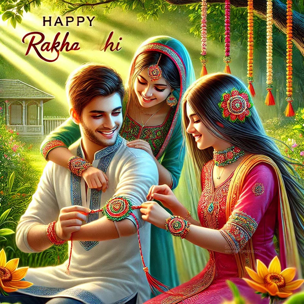 Brother tying Rakhi on sister's wrist, sharing happy Raksha Bandhan wishes."