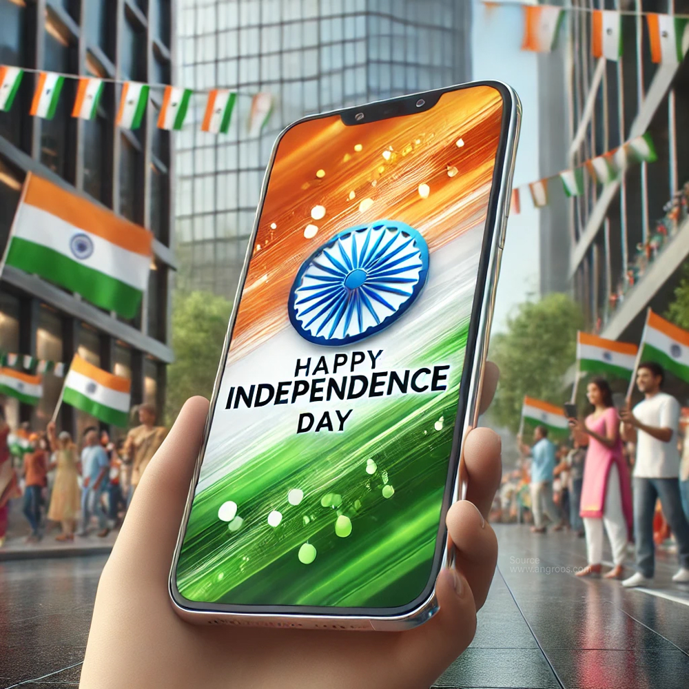 DALL·E 2024 08 14 08.56.52 An ultra realistic image celebrating Indian Independence Day with a mobile theme. The scene features a smartphone displaying a vibrant Independence Da India's Favourite Online Gift Shop