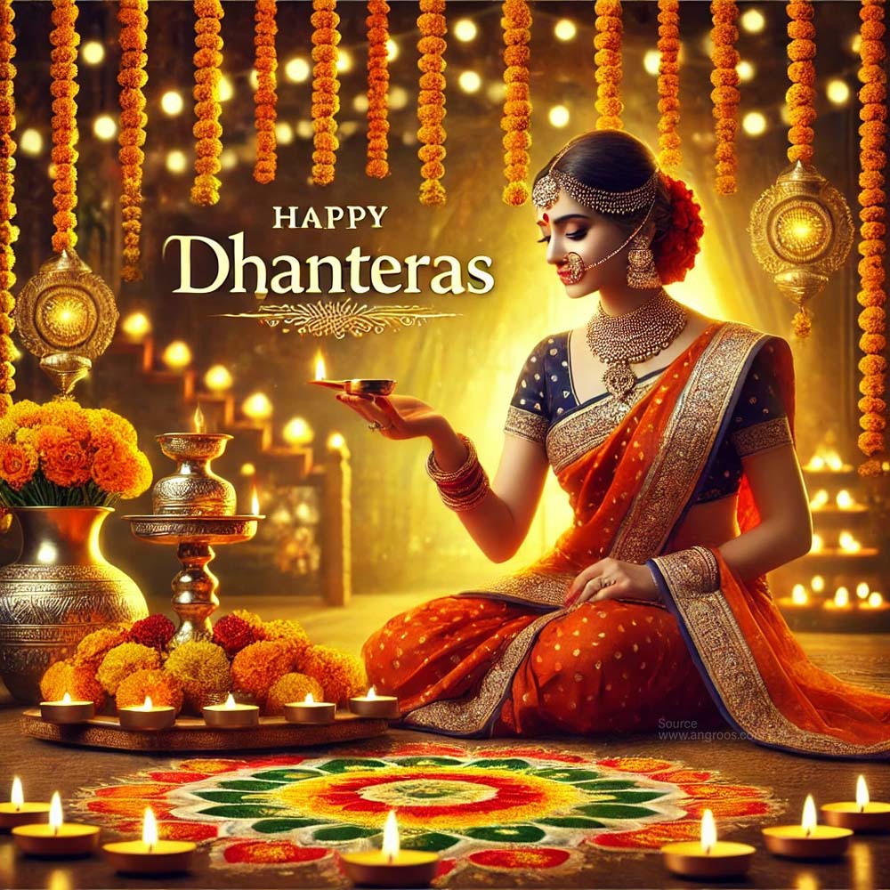 A Dhanteras wishes image featuring a beautiful Indian woman India's Favourite Online Gift Shop