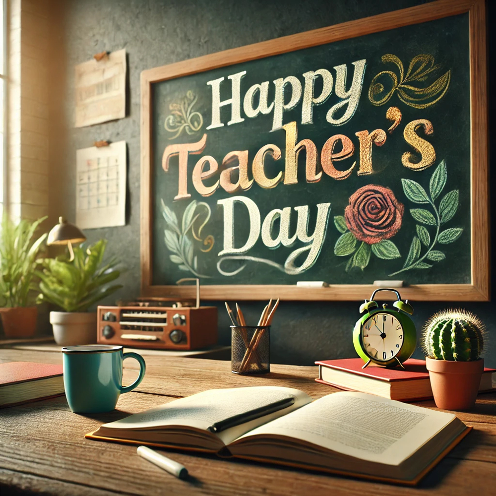 DALL┬╖E 2024 09 02 11.56.15 A realistic Teachers Day image with a warm and inviting classroom setting. The scene features a chalkboard with Happy Teachers Day written in colo India's Favourite Online Gift Shop