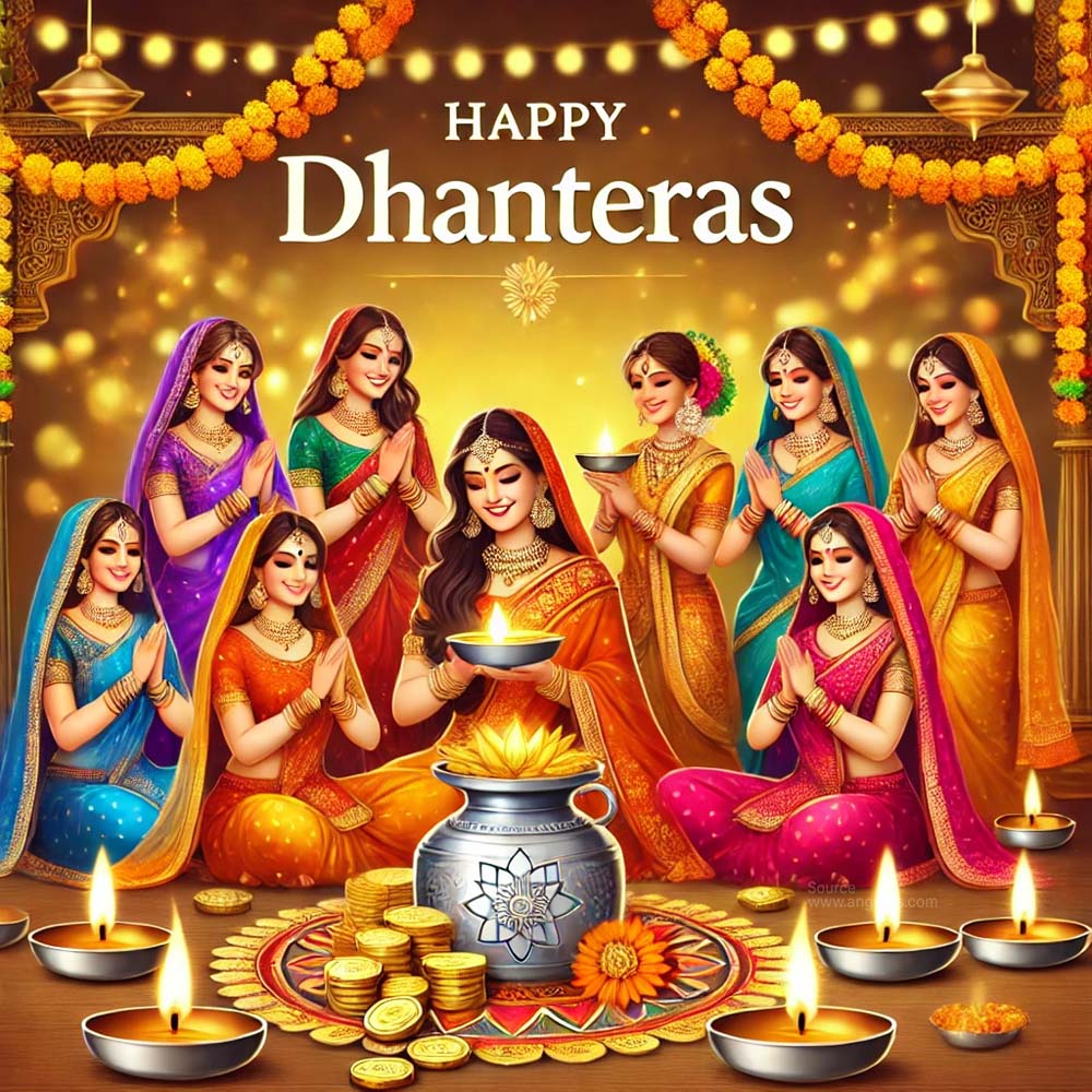 DALL┬╖E 2024 09 30 09.47.40 A Dhanteras wishes image featuring a group of women dressed in vibrant traditional Indian attire gathered around a decorated space with golden coins India's Favourite Online Gift Shop