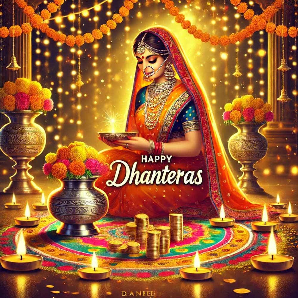 DALL┬╖E 2024 09 30 09.47.49 A Dhanteras wishes image featuring a traditional Indian woman in a vibrant sari sitting beside a silver kalash filled with coins and lighting a diya India's Favourite Online Gift Shop